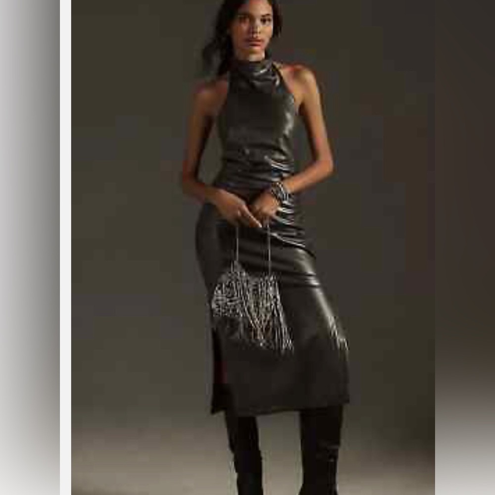 NEW - Anthropologie Maeve Faux Leather Halter Slim Ruched Midi Dress-Size Large